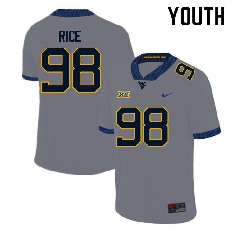 Youth #98 Cam Rice West Virginia Mountaineers College Football Jerseys Sale-Gray - Click Image to Close
